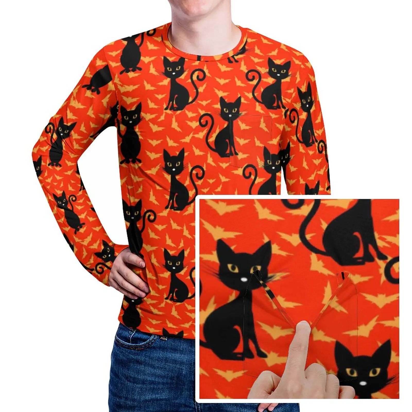 

Мужская футболка на Хэллоуин с принтом черной кошки, новинка, мужские футболки с карманом, повседневные дизайнерские футболки с длинным рукавом, потрясающий большой размер, подарок