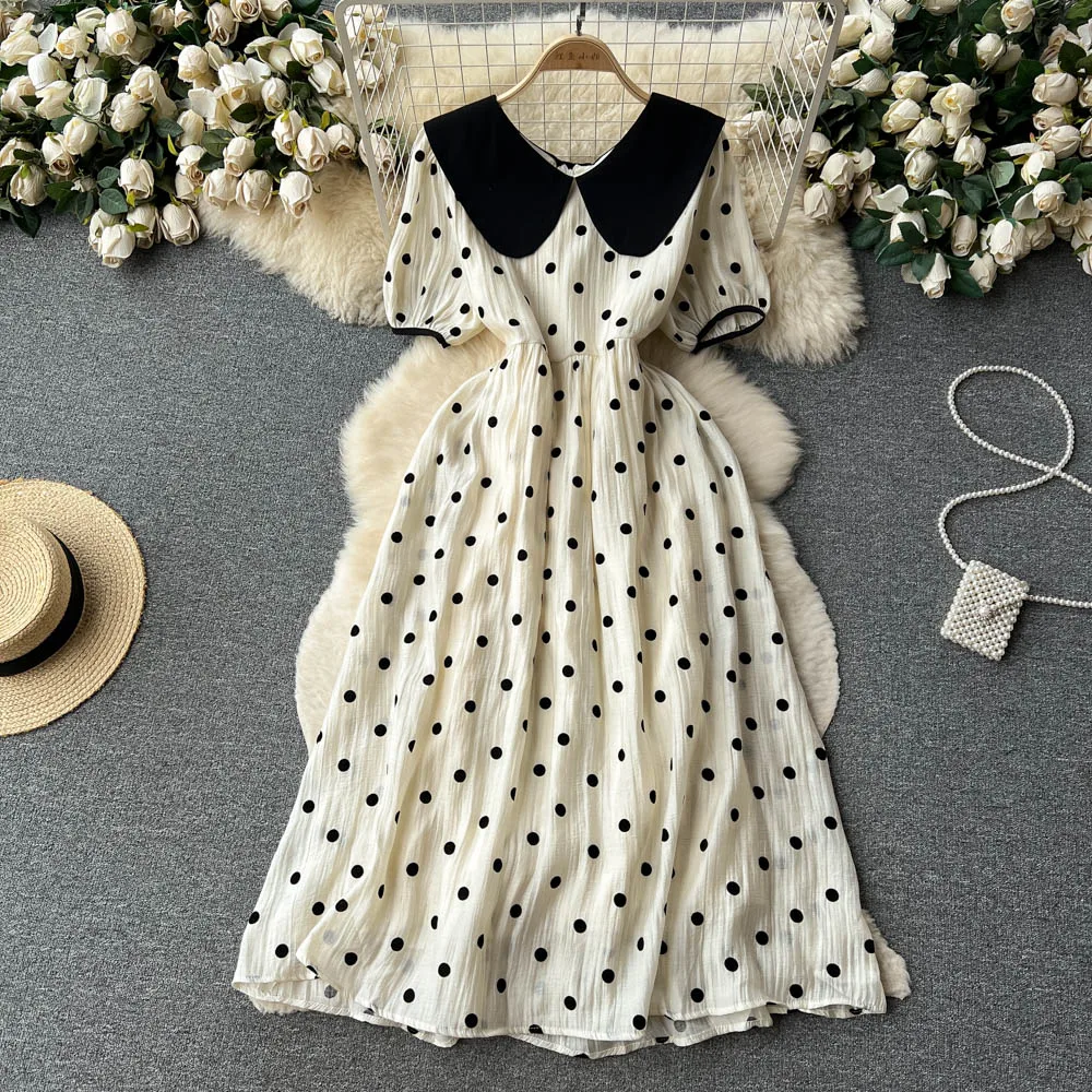 

Платье женское шифоновое в горошек, элегантная приталенная юбка с французским вырезом и кукольным воротником, на лето