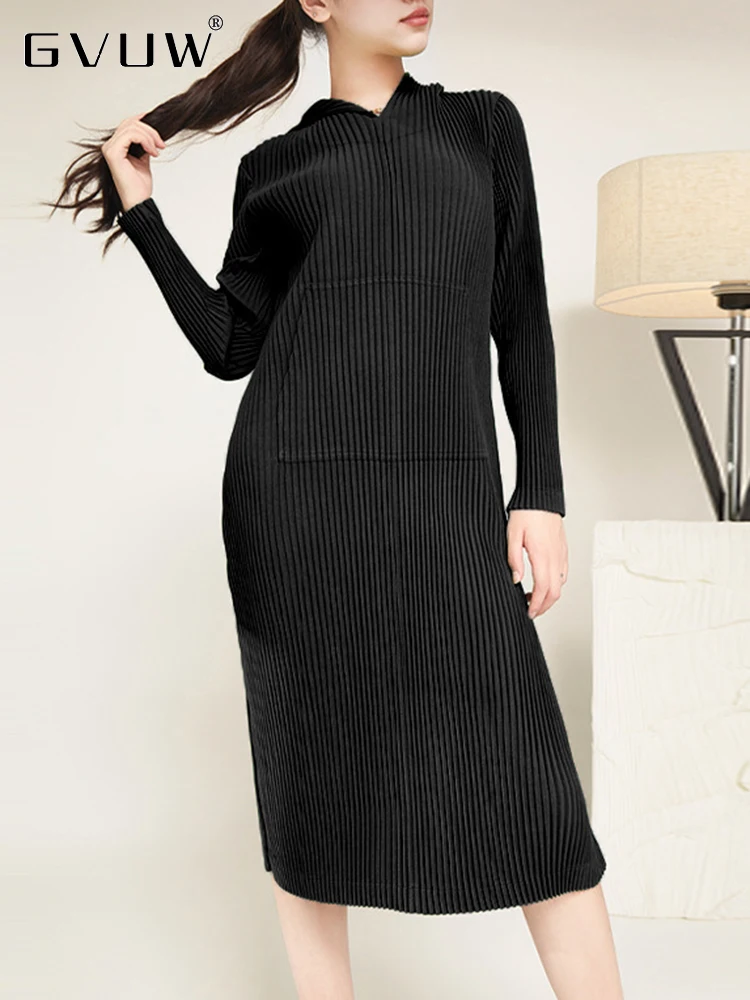 

GVUW Women Pleated Hooded Dress Pullover Straight Solid Color Loose Long Sleeve Loose Female Casual Clothing Fashion 17D2585