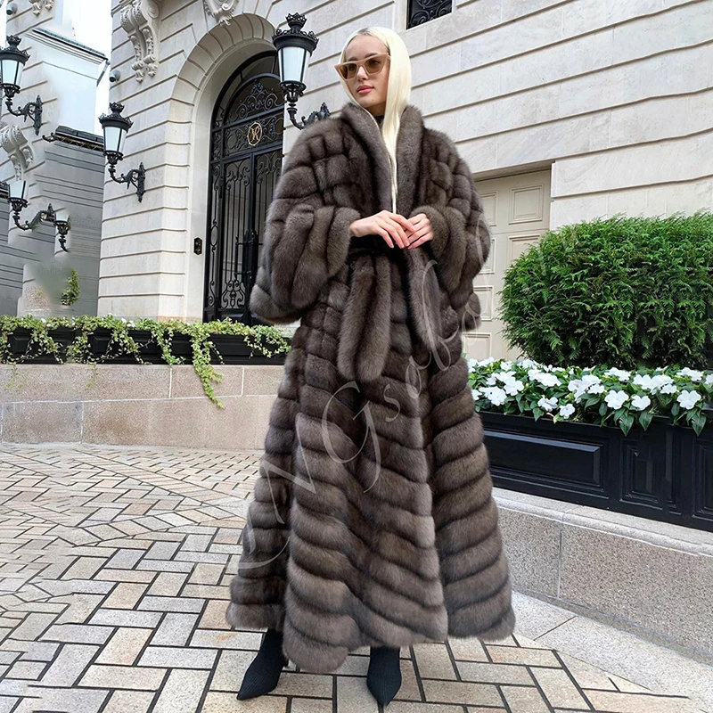 Genuine Grey Fox Fur Overcoat Women Winter Luxury Straight Fashion Loose Lapel Bat Sleeve Natural Real Fur Coat Female