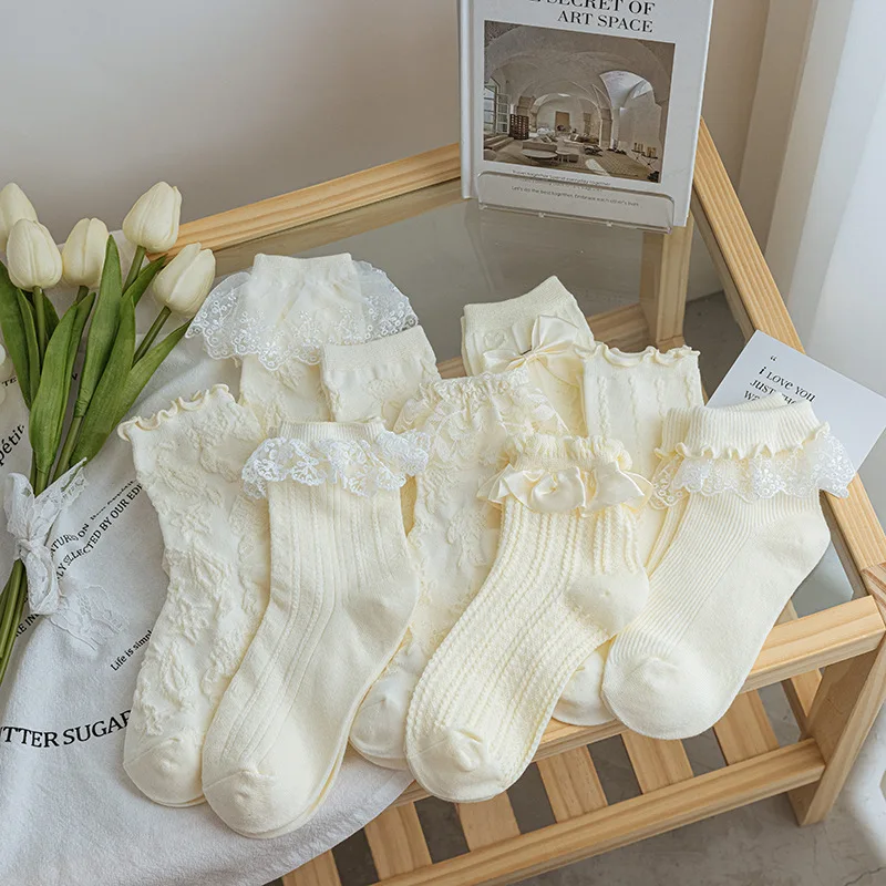

JK Frilly Ruffle Socks Sweet Girls Japanese Style Kawaii Cute Socks Women Solid Color Beige Lolita Lacework Harajuku Crew Socks