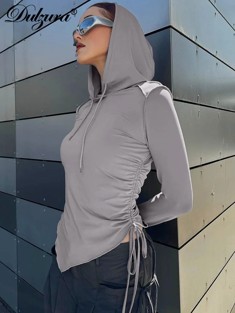 

Dulzura Solid Hooded Skew Hem Long Sleeve Drawstring Camisole 2023 Summer For Women Sexy Y2K Party Club Body-Shaping Sheath