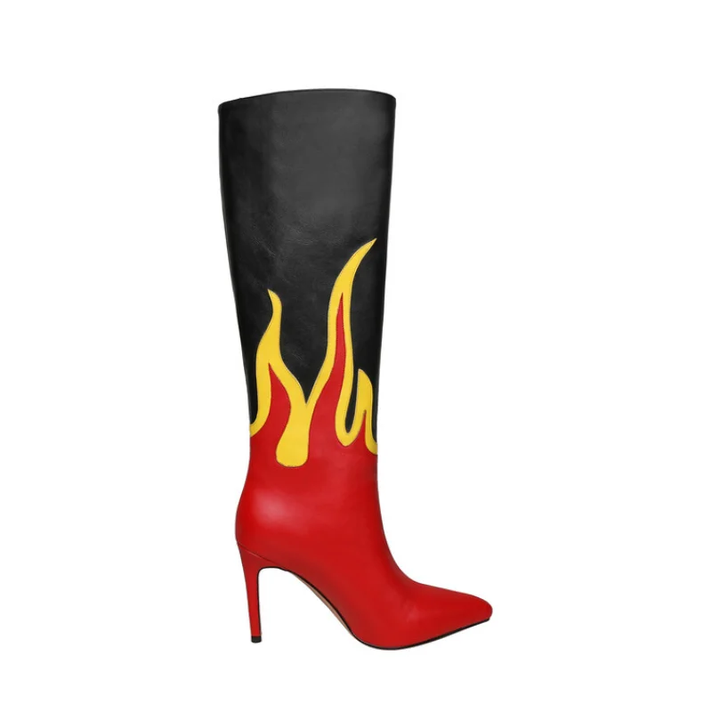 New Fashion Women's Boots Pointed Toe Stiletto Heel Flame Pattern Red Thigh High Boots Colored Painted Knee Length Boots Size44