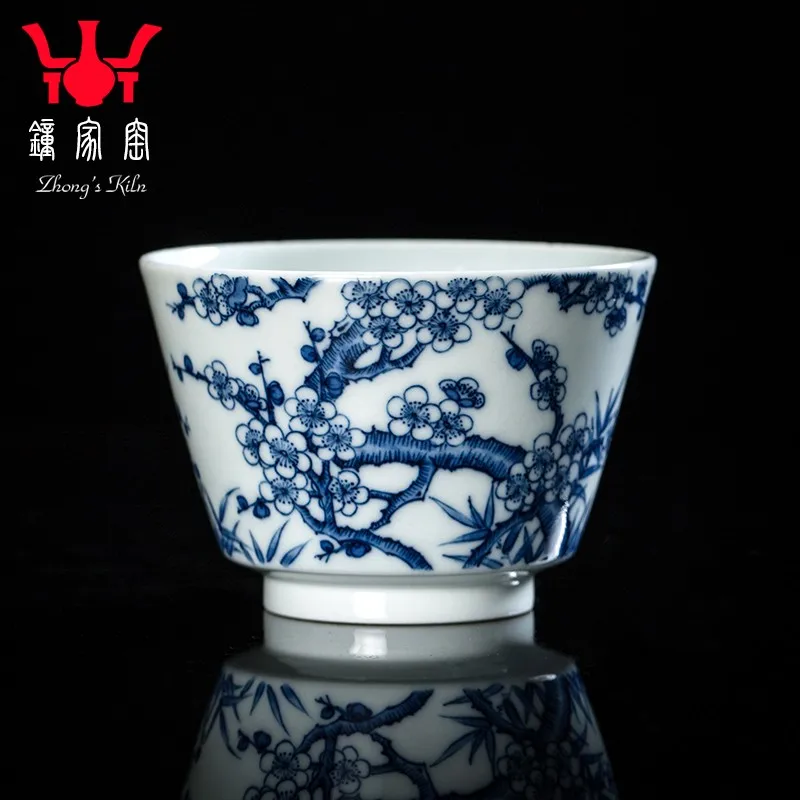 

Сине-белая фарфоровая чашка Zhongjia печь, чайный набор Цзиндэчжэнь ручной работы, сине-белая чашка для обжига дров, одинарная чашка сливы B
