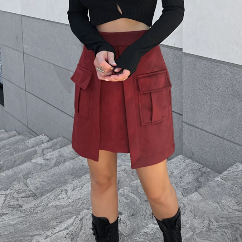 

Женская мини-юбка с карманами, Офисная красная Привлекательная юбка А-силуэта с высокой талией, одежда для вечевечерние и клуба, для весны, 2023