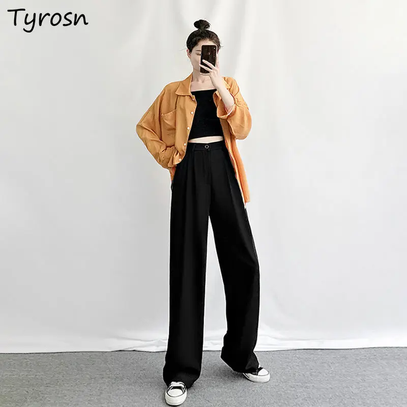 

S-4XL Casual Pants Women Design Pleated Zipper Fly Wide Leg Tailored Bottoms High Waist Mopping Trousers Elegant Mujer Clothing