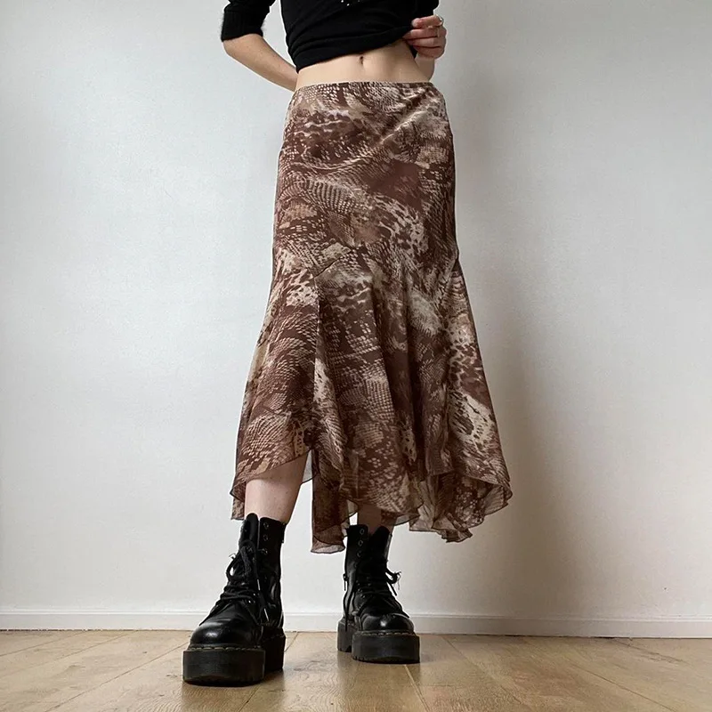 

Women High Waist Long Fish Tail Skirt Adults Summer Casual Vintage Style Printed Chiffon Skirts