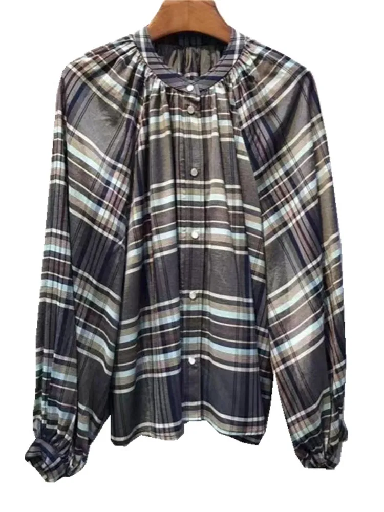 

Women's Plaid Shirt Single Breasted Stand Collar Lantern Sleeve Loose Top Female Casual Blouses 2022 Spring Summer new