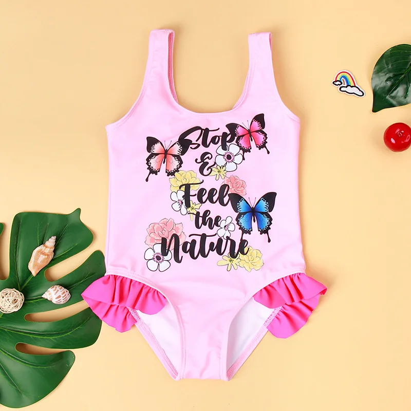 

New Girl One-piece Swimsuit Children Girl Baby Butterfly Pattern Swimwear Lotus Leaf Sweet Seaside Holiday Swiming