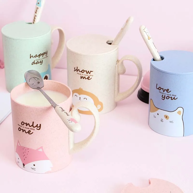 

450ml Cartoon Wheat Animal Mug with Lid Spoon Milk Coffee Mug for Tea Milk Travel Cup Large Capacity Kids Cup Nice Gift