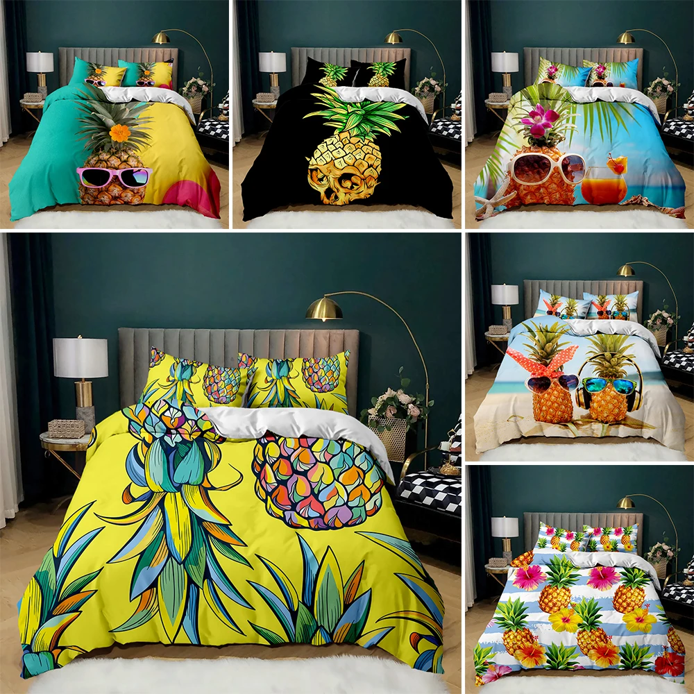 

Tropical Fruit Print Polyester Comforter Cover Full Size Abstract Pineapple Bedding Set For Boy Girl Bedroom Quilt Covers 2/3Pcs