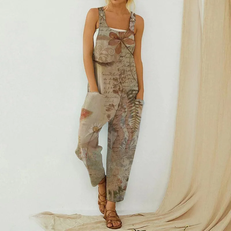 Jumpsuit for Women 2023 Summer Abstract Print Loose Strap Romper Women's New Cotton Hemp Strap Button Jumpsuit