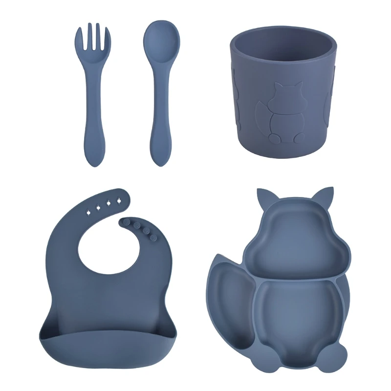 

5 шт. детский силиконовый слюнявчик, разделенная обеденная тарелка, ложка, вилка, Набор чашек, тренировочная кухонная утварь для кормления, п...