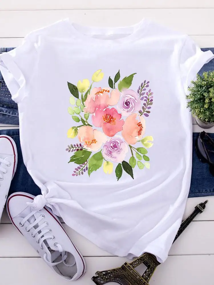 

Women Tees Watercolor Lovely Trend Tops Wear Short Sleeve Ladies Summer Fashion O-neck Cartoon Tshirts Vacation Graphic T-Shirt