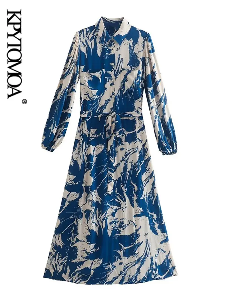 

KPYTOMOA Women Fashion With Belt Printed Midi Dress Vintage Long Sleeve Front Buttons Female Dresses Vestidos Mujer