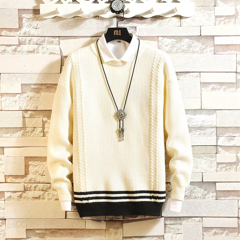 2022 Autumn and Winter New Korean Version Round Neck Youth Fashion Casual Color Matching Loose Bottoming Knitted Sweater Men