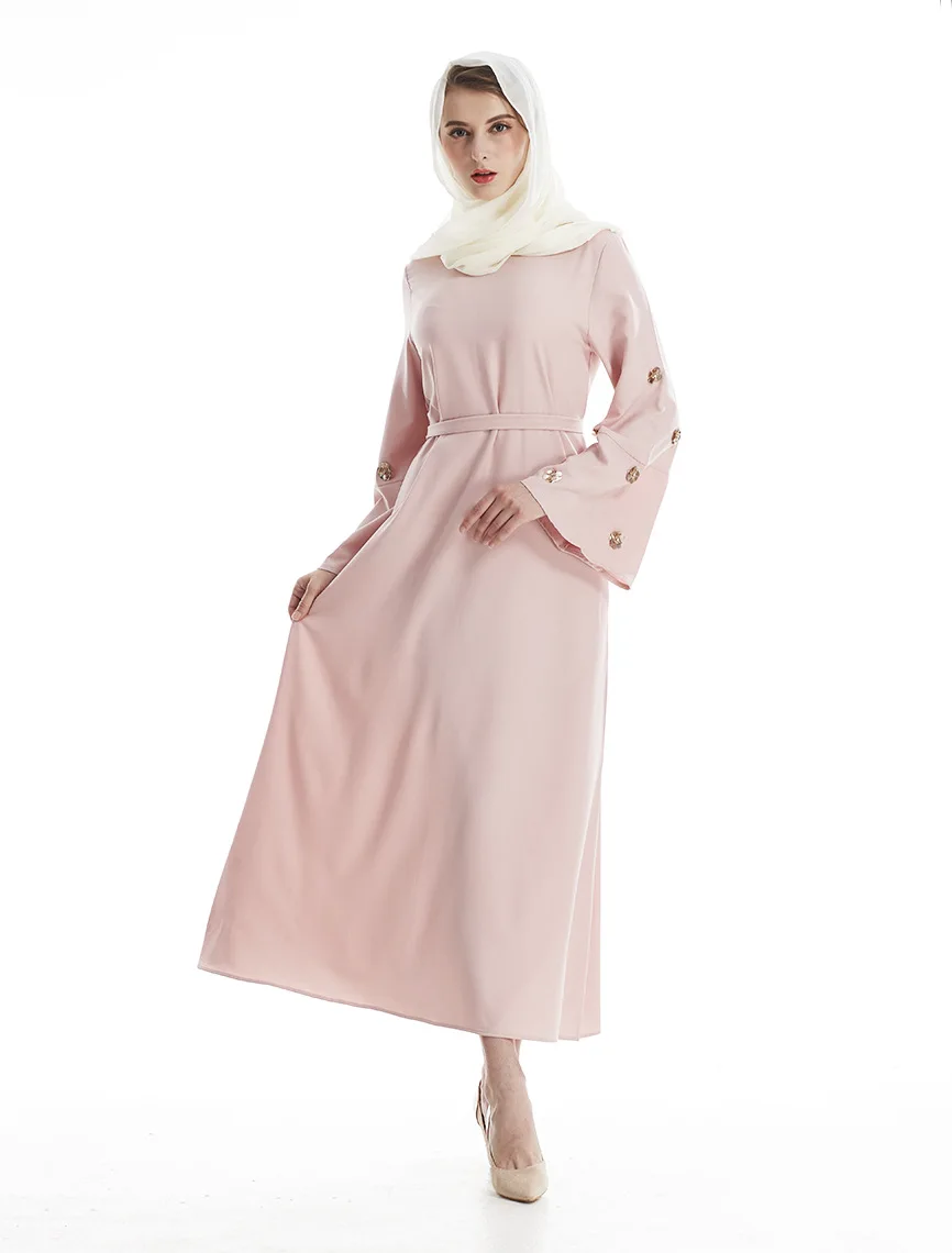Мусульманское модное платье-кафтан, популярная аппликация со стразами, Арабская мусульманская одежда, повседневное однотонное тонкое длин...