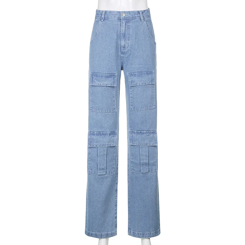 Women 90s Y2K Patchwork Wide Leg Mom Jeans Big Pocket Cargo Pants Vintage Mopping Pants Casual Streetwear Boyfriend Denim Jeans