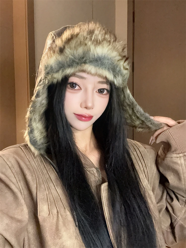 Ретро шапка Lei Feng женская зимняя теплая с наушниками утолщенный плюшевый капот