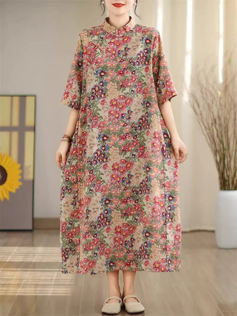 Женское платье с воротником-стойкой Длинное свободное в стиле ретро принтом на