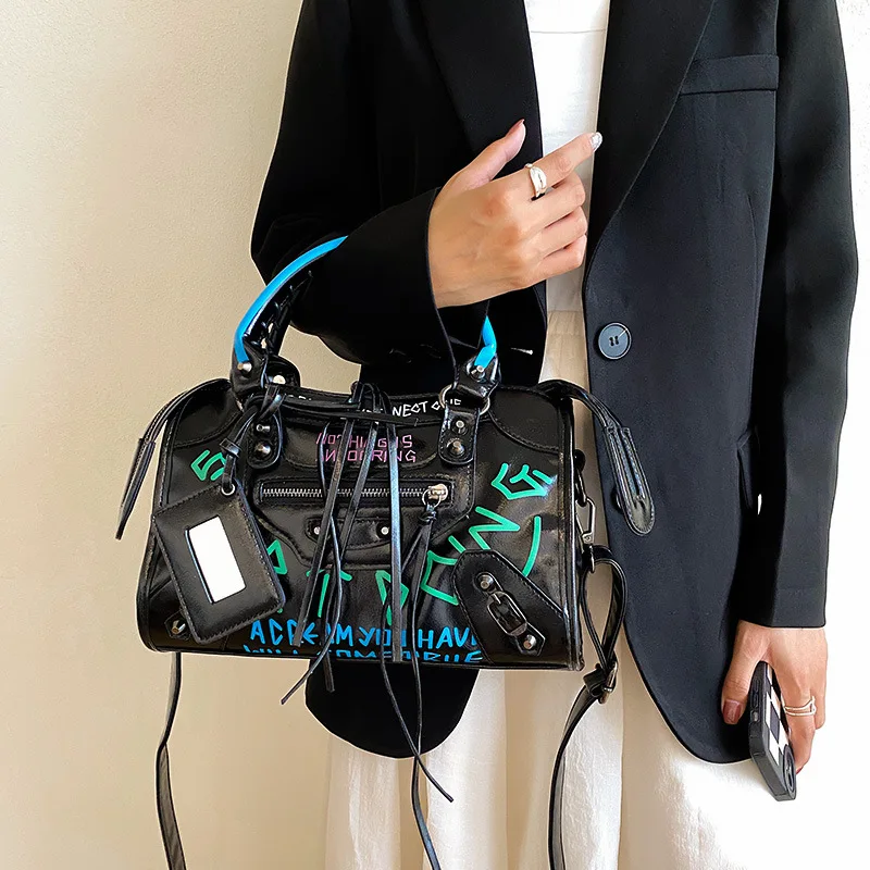 Women's motorcycle style Satchel Women's Patchwork Color Handbag Fashion Graffiti Crossbody Bag Women's Casual Bag