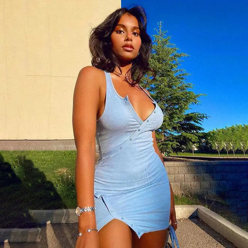 Women Summer Dresses 2022 ins Style Solid Ribbed Sexy V Collar Button Asymmetrical Split Wrap Dress Casual Vestidos JMJ