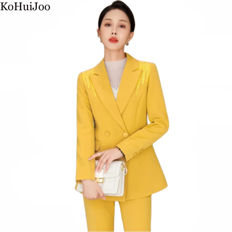 Kohuijoo Yellow Blazer Pants Set Woman 2 Pieces Autumn Korean Clothing Elegant Fashion Long Sleeve Professions Women's Pantsuit