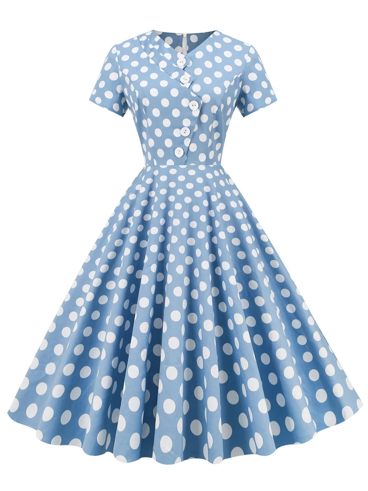 

Retro Rockabilly Clothing Pinup 1950s Style Summer Dress V-Neck Button Front Short Sleeve Robe Women Cotton Vintage Midi Dresses