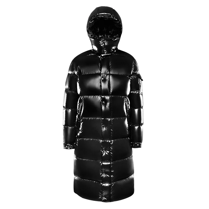 Winter casual new black men's white goose down down jacket youth long knee length hooded coat