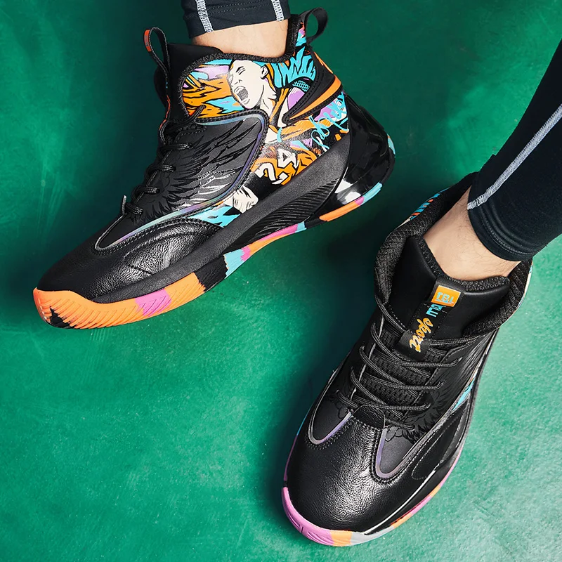 Couple Graffiti Basketball Shoes Unisex Leather Mesh Large Size Non-slip Wear-resistant Soft And Comfortable