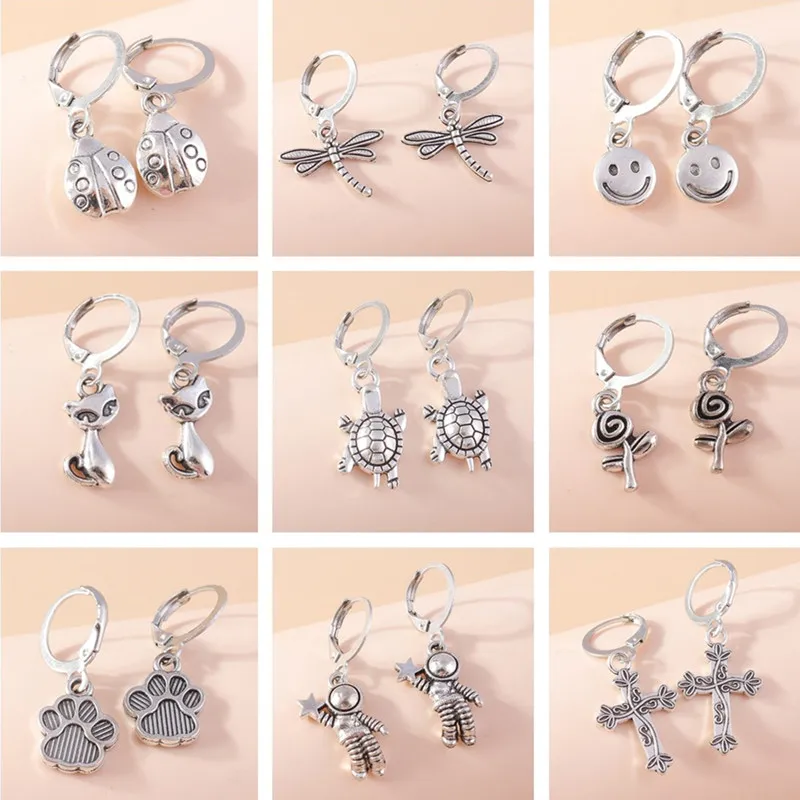 

Cartoon Animal Tortoise Dragonfly Hoop Earrings Antique Silver Alloy Flower Cross Pendant Dangle Earrings for Women Jewelry Gift