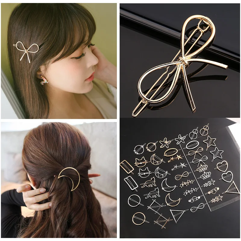 

New Fashion Woman Bow Hair Clip Metal Geometric Mini Hairpins Alloy Round Star Hairgrip Barrette Girls Headwear Hair Accessories
