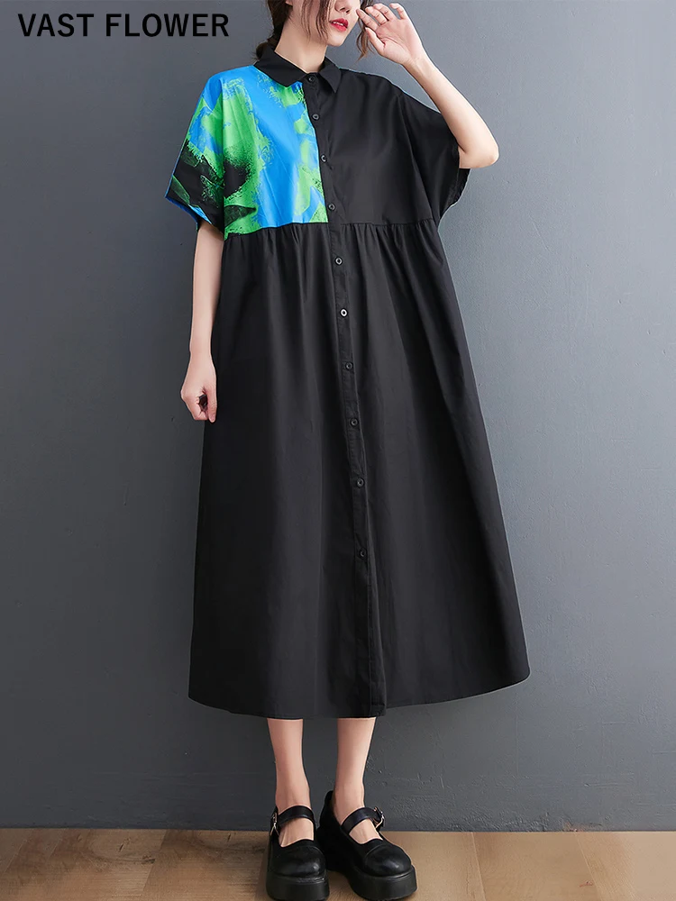 Женское платье-рубашка с коротким рукавом черное свободное Повседневное платье