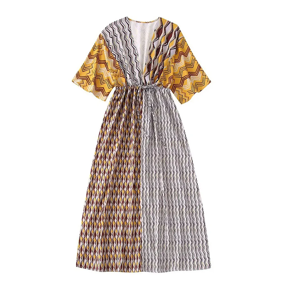 

Female Clothing New Fashion Print Elegant Casual Lady Dress Short Sleeve V Neck Drawstring Summer Dresses Women 2022
