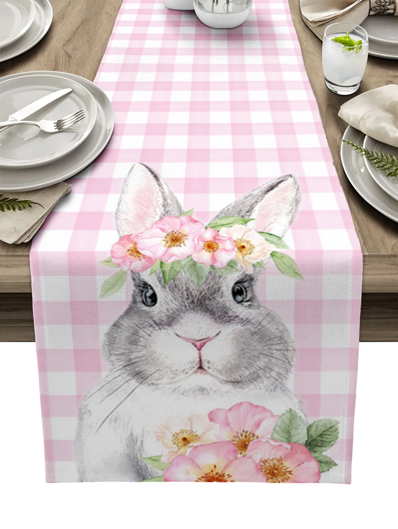 

Пасхальная розовая скатерть в клетку с рисунком кролика для обеденного стола, свадебные скатерти, украшения вечерние, коврики для стола, па...