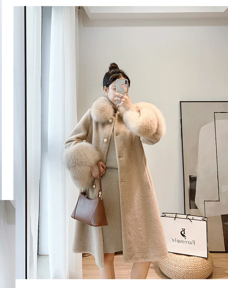 FURYOUME Winter Women Real Fur Coat Long Casual Jacket Sheep Shearing Wool Blends Fox Fur Collar Streetwear Thick Warm Outerwear