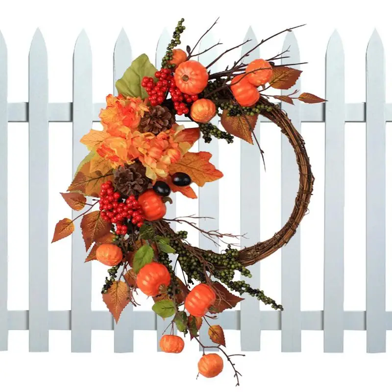

50cm Fall Wreaths Pumpkin Berry Maple Leaf Artificial Wreath Harvest Autumn Door Wreath Christmas Halloween Home Hanging