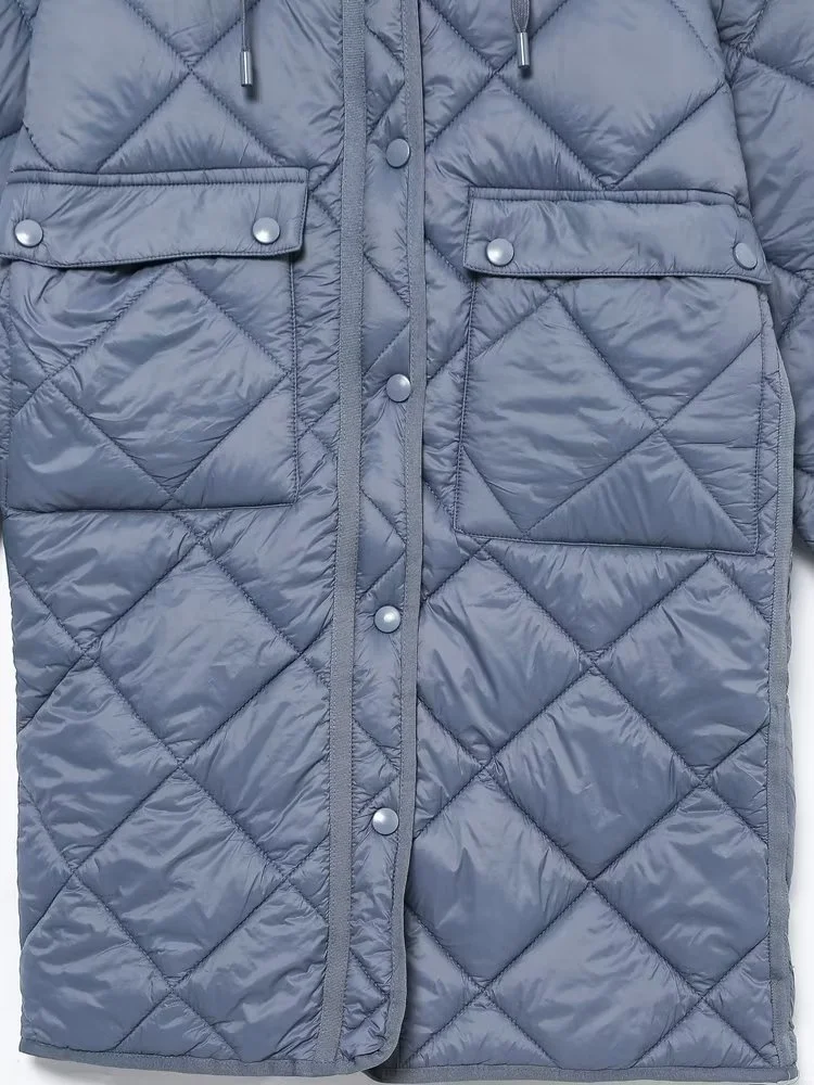 KEYANKETIAN Women's light blue long hooded cotton coat new winter casual pocket with diamond quilted check zipper parka coat