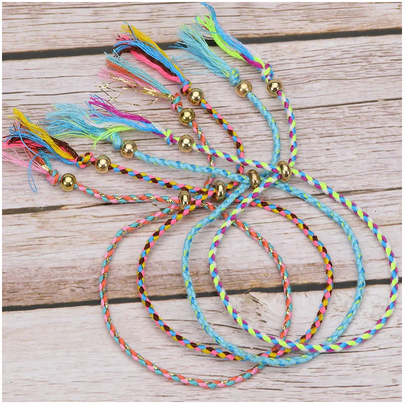 

Ethnic Woven Cotton Rope Lucky String Bracelets Pray Yoga Copper Bead Tassel Color Chic Tassel Bracelet for Women Beach Jewelry
