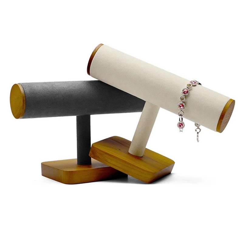 Wooden Watch Display Stand T Shape Jewelry Organizer Stand Microfiber Necklace Storage Holder