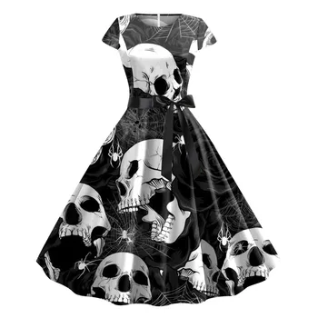 2023 Rose Skull Print Halloween Party Midi Dress for Women Vintage Gothic Lace Up Swing Rockabilly Prom A Line Dress Robe Femme 1
