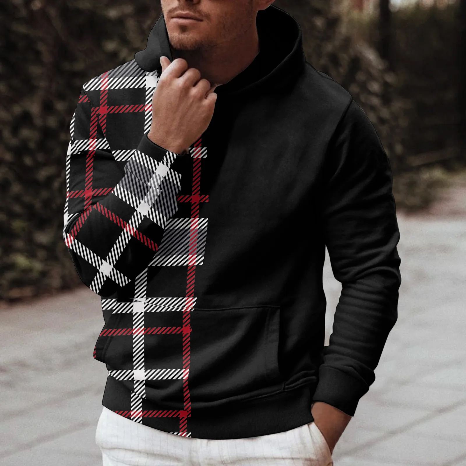 

Autumn Winter Men Hoodies Sweatshirts Colorblock Plaid Print Slim Hooded Long Pocket Sweatshirt Street Leisure Travel Outdoor