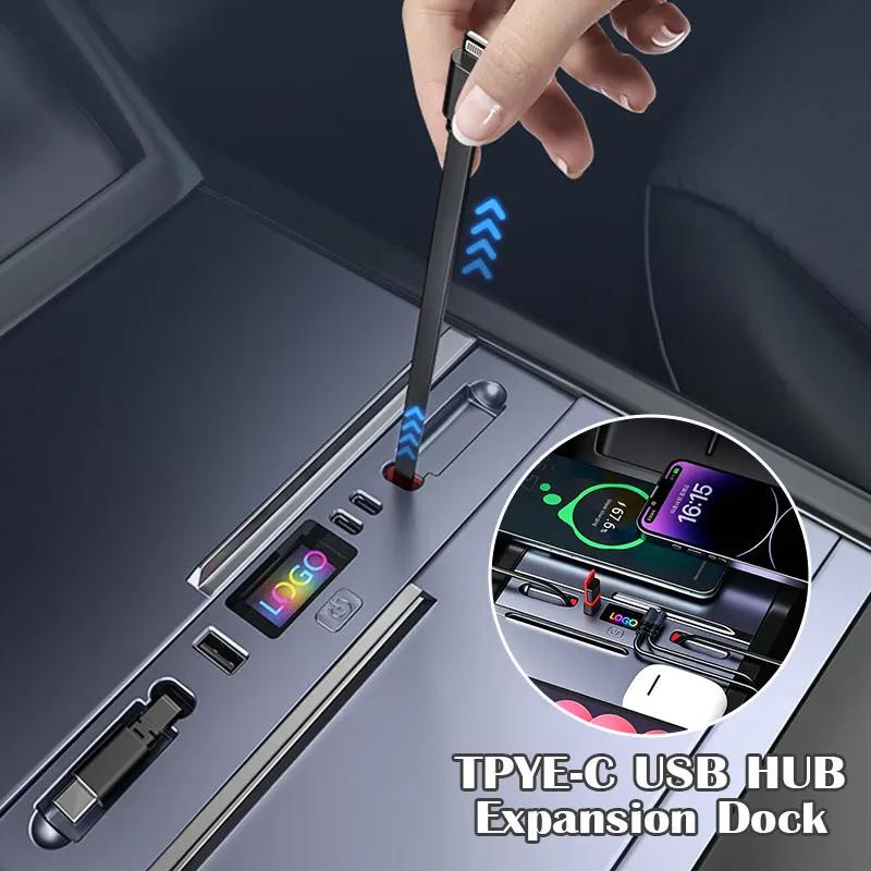 Фото Для Tesla New Model Y Juniper 2025, Model 3 Highland 2024: Быстрый зарядный USB-хаб Type-C 65W/45W для центральной консоли, док-станция расширения №3