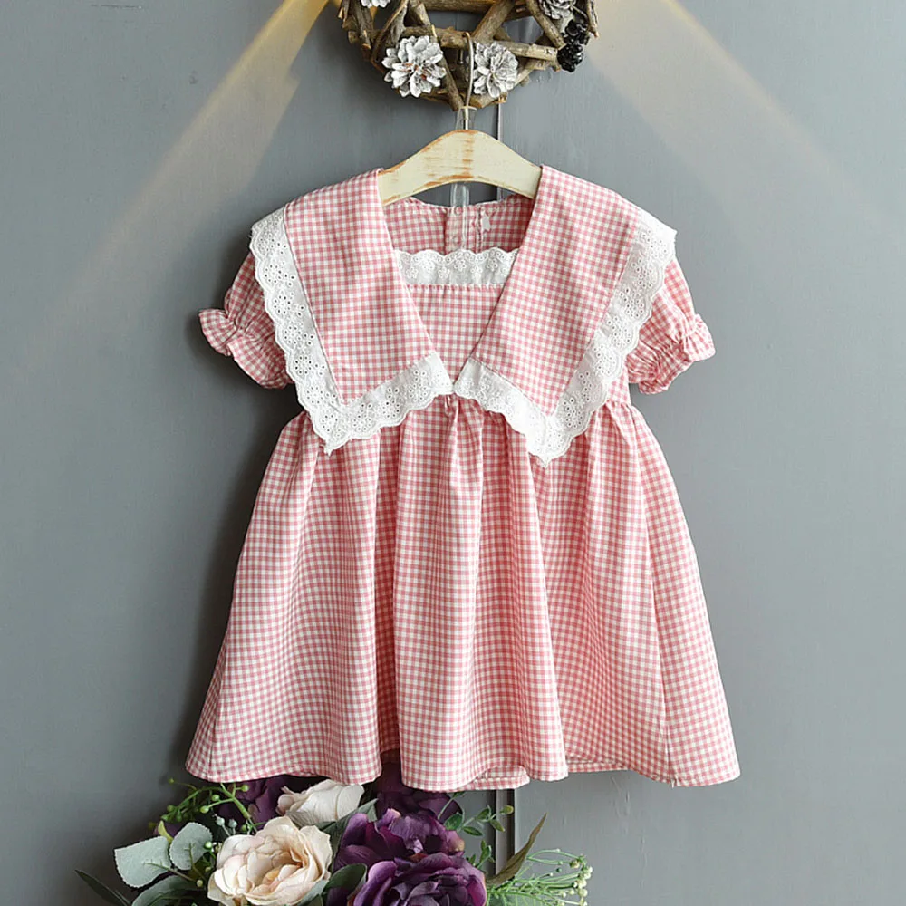 

Melario Girls Round Neck Solid Color Plaid Cotton Dress Summer New Korean Loose Short-Sleeve Children's Dresses Baby Girl Dress