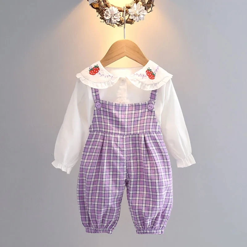 

Spring Autumn Children Baby Girl 2PCS Clothing Set Printed Strawberry Shirts+ plaid overalls Girl Suit 1-4 Years Kids outfit