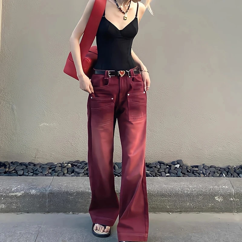 Boyfriend Style Streetwear Y2k Baggy Jeans Women Loose Denim Trousers High Waist Vintage Washed Wide Leg Straight Red Pants