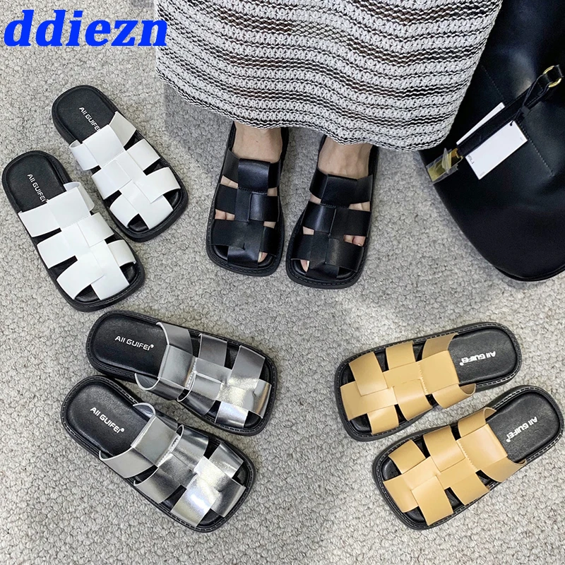 

Fashion Weave Women Flats Sandals Mules Slides New In 2023 Summer Outdoor Shallow Female Slippers Sandals Shoes For Ladies