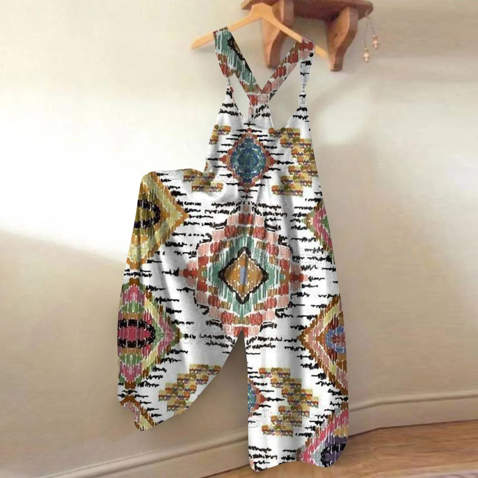

Summer Women Sleeveless Loose Bohemian Playsuits Casual Floral Print Western Ethnic Retro Jumpsuit Overalls Holiday Beach Romper