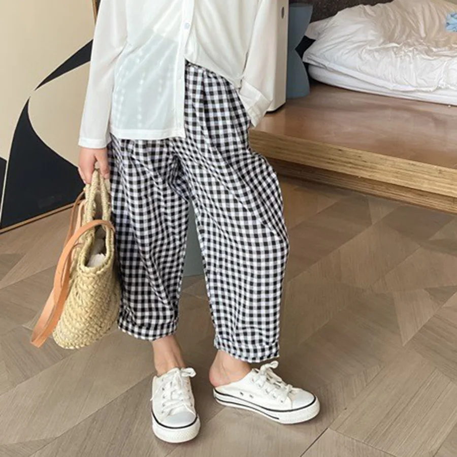 

Kids Pants for Girls 2022 Summer Clothing Korean of The Plaid Straight Nine Points Casual Pants Middle and Large Thin Pants