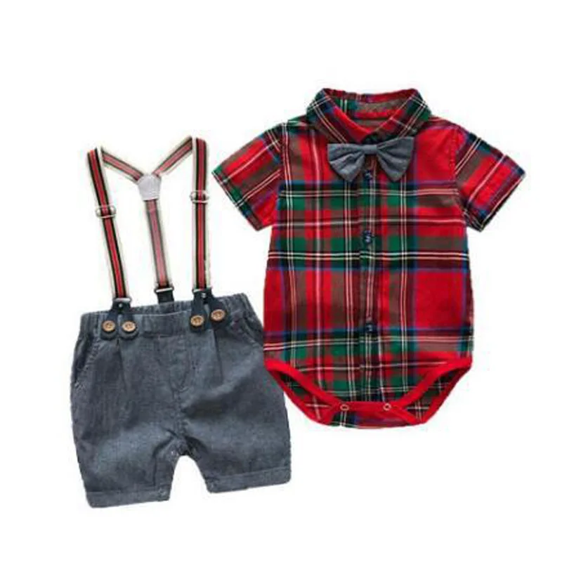 Baby Clothes Boy Gentleman Bow Tie Red Lattice Bodysuits with Suspender Pants  First Birthday Outfit for Toddler Wedding